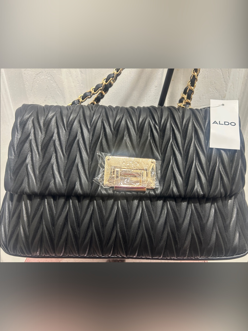 Aldo Black Quilted Shoulder Bag with Gold Chain